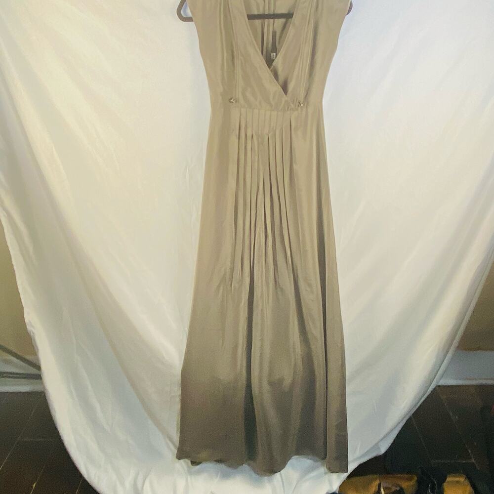Franny Gray Silk‎ Maxi Dress Pleated Surplice Neckline Size XS Cottage Neutral